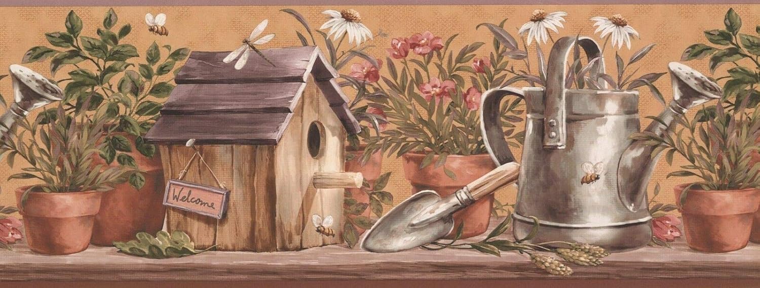 Potted Plants, Birdhouse, Watering Can Wall Border Pattern KR2238B