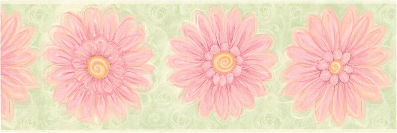 Pink flowers on green background wall border