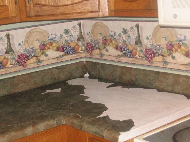 Kitchen countertop resurfaced with PaperIllusion Hearthstone Camouflage